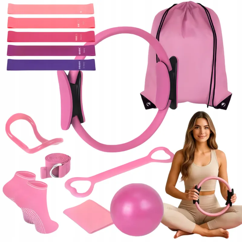 Set Pilates și Yoga 13 în 1, HomeDesign, 5 brățări cu diferite niveluri de rezistență, geantă sport, multicolor