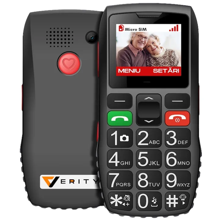 Seniori VERITY, Functie SOS pentru Siguranta, Telefon Mobil cu Taste Mari, Meniu Limba Romana Maghiara Bulgara, Radio, Difuzor Puternic, Lanterna, Baterie 1800mAh, Ecran 4.6cm, Telefon cu Butoane Rezistent Varstnici, Carcasa Solida