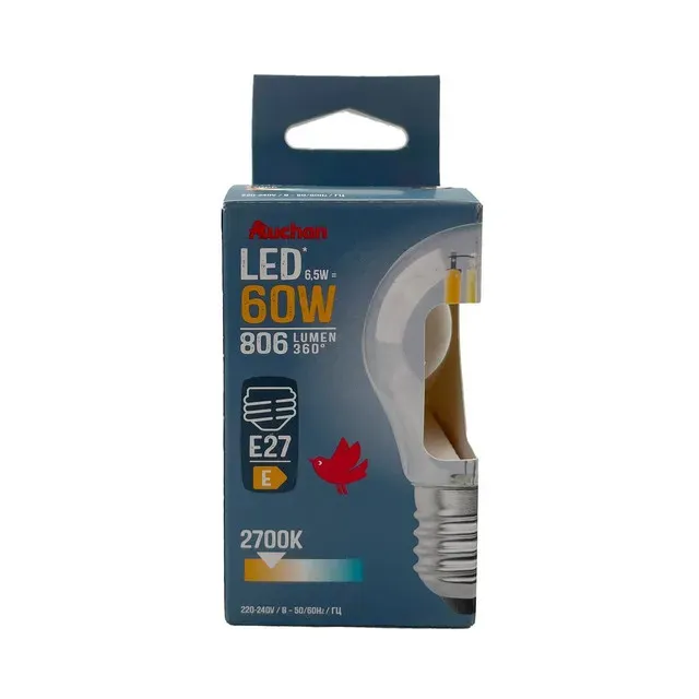 Bec LED Auchan, E27, 6.5 / 60 W, lumina calda, forma sfera