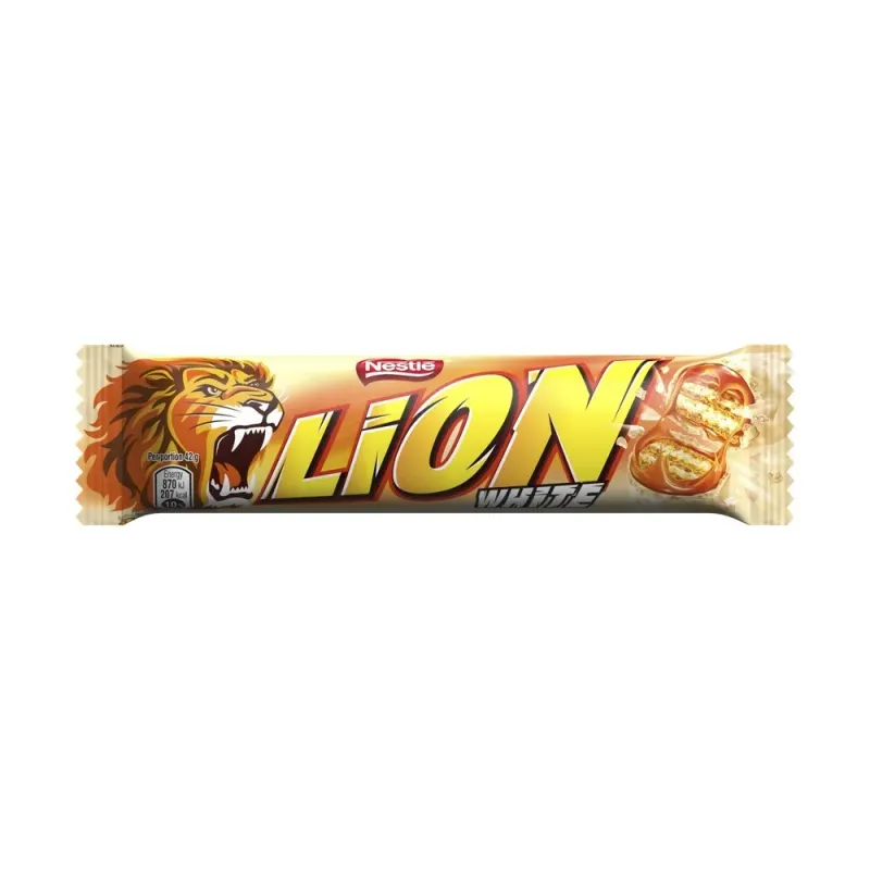 Baton de ciocolata alba cu crema cu caramel si napolitana Lion, 42 g