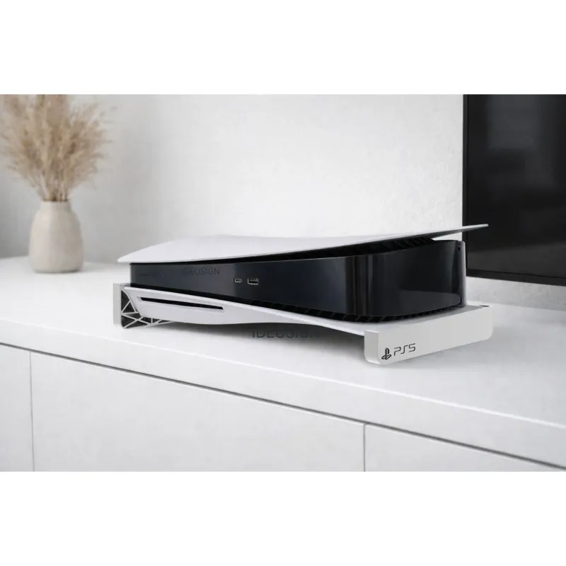 Suport Orizontal pentru PS5 disk cu logo, alb- se potriveste PS5 Standard (lansat 2020) cu dim 39 cm x 26 cm adancime
