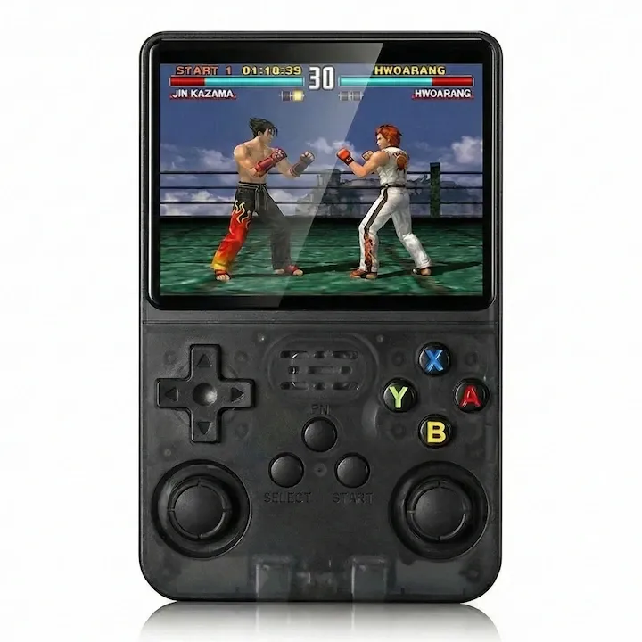 Consola retro portabila R36S 64GB cu jocuri, quad core Cortex-A53 1.5GHz, 1GB DDR3, IPS LCD 3.5" 640x480, 3200 mAh, negru transparent