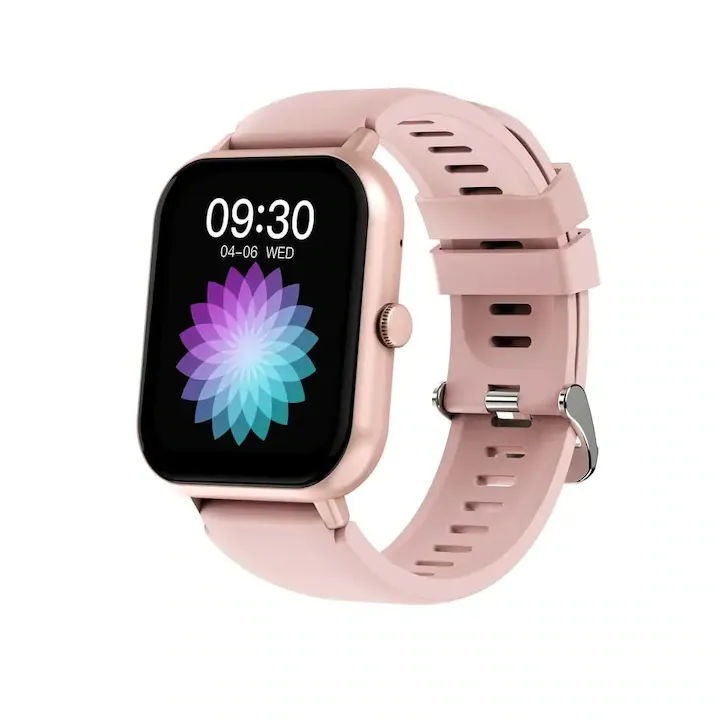 Ceas Smartwatch Roz, compatibil iOS/Android, Bluetooth 5.0, Asistent vocal AI, Monitorizare somn/fitness/ritm cardiac/calorii/respiratie, memento de apel, raspuns la apel, mesaj push, notificari retele sociale