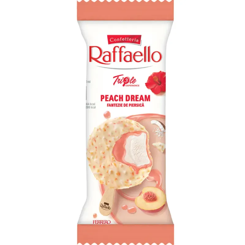 Inghetata pe bat cu gust de nuca de cocos, piersica alba si hibiscus Raffaello Peach Dream, 46 g