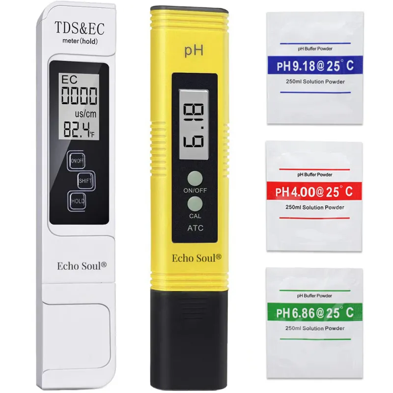 Set 2 testere de calitate a apei potabile Echo Soul®, 4 in 1, Verificare digitala de inalta precizie a pH si TDS, Puritate/Temperatura, Aciditate/Alcaline, Galben/Alb, Echo Soul®