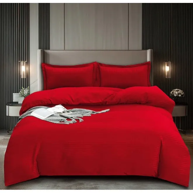 Lenjerie de Pat Dublu, Cearsaf cu Elastic, Damasc, Uni, 4 piese, 180x200cm, Rosu