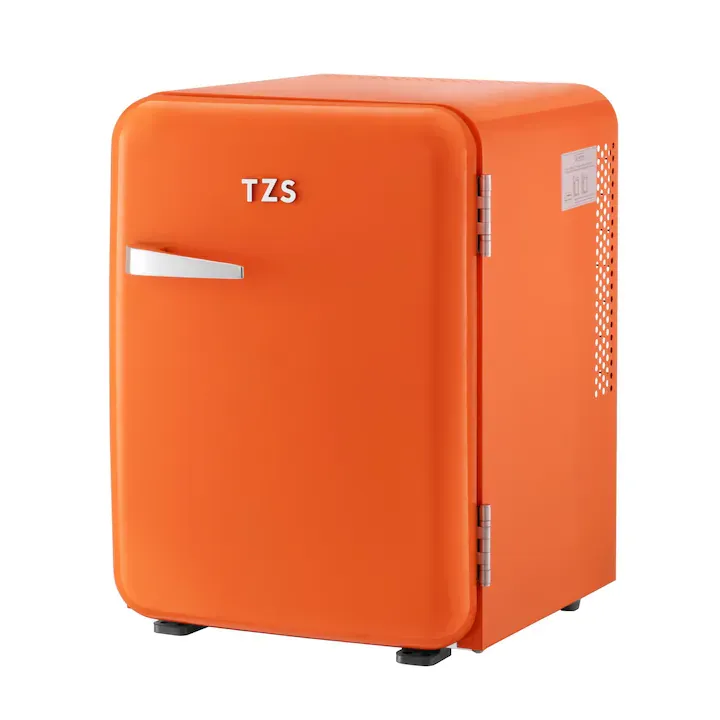 Retro mini frigider TZS First Austria 40L orange – minibar silentios 22dB cu LED, design vintage elegant, camping, birou, dormitor, hotel