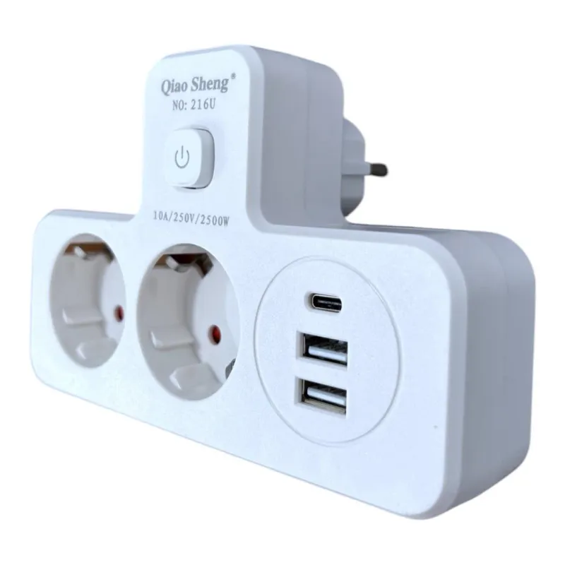 Triplu stecher 2500W, cu 2 prize, 2 x USB, 1 x USB-C fastcharge, 20w, cu intrerupator si iluminare LED, AVI-4800