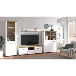 Comoda TV Valencia 150 3K1F, alb + stejar artisan + folie mata alba