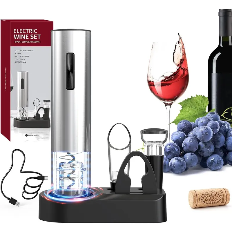 Set Tirbuson Electric pentru Vin, Nicerpro, Reincarcabil, Accesoriu taiat folie, Turnator de vin, Dop sticla vin cu pompita pentru scos aerul, Inox
