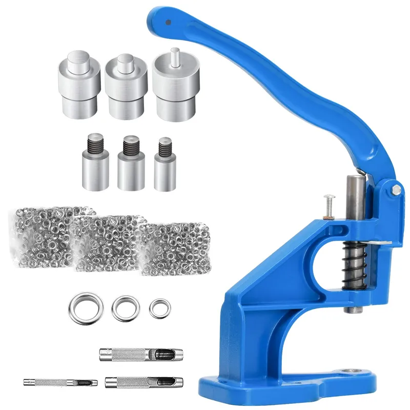 Masina Manuala de Presat Capse si Ochiuri, 3 Matrite Diferite, Set Complet cu 1500 Ochiuri Metalice si Ciocan de Cauciuc, Durabila, Ideal pentru Textile, Piele si Manualitati, Albastru