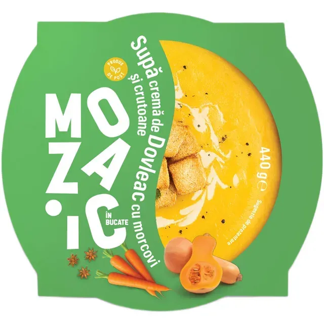 Supa crema de dovleac cu morcovi si crutoane Mozaic in bucate, 440 g