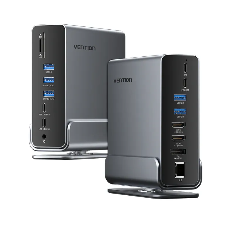 Statie de expandare 15 in 1 USB-C MST VENTION, 4K@60Hz, 100W PD, HDMIx2/DP/USB 3.2, RJ45, SD/TF, stand rotativ detasabil, gri, pentru birou