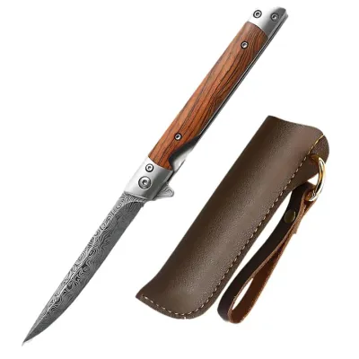 Cutit pliabil premium, Hggzeg, Briceag automat, Cu husa din piele, Lama cu punct de cadere, Maner lemn, Anti rugina, Ascutit si durabil, Pentru vorba de activitati in aer liber, Lama cutitului 90mm, Otel inoxidabil, 21.5 cm, Maro