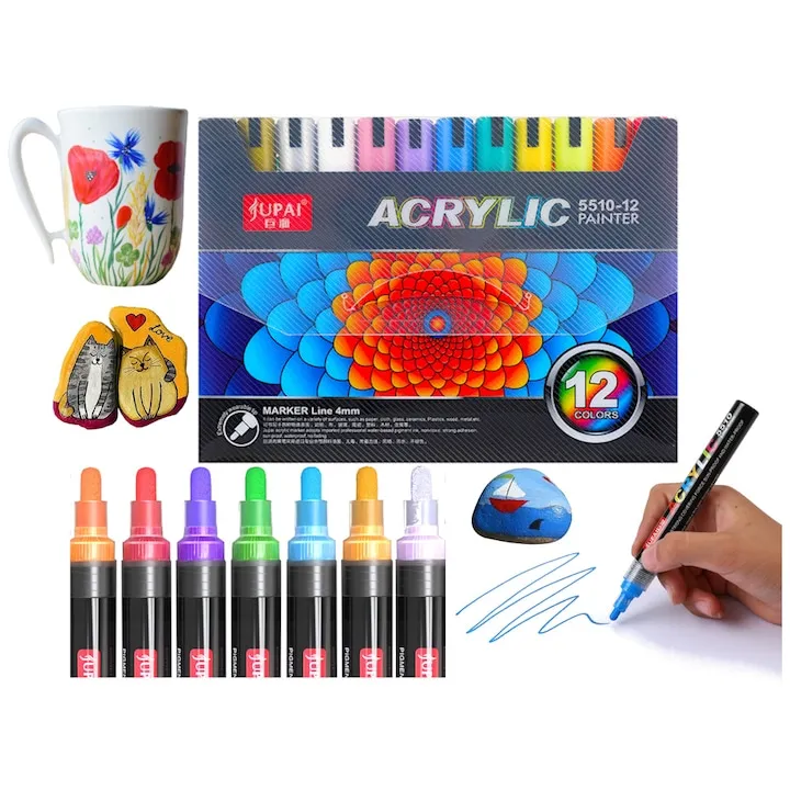 Set 12 Markere cu vopsea Acrilica JUPAI®, Varf de 4 mm, pentru Sticla, Ceramica, Pietre, Lemn, Plastic, Hartie, Panza, Multicolor