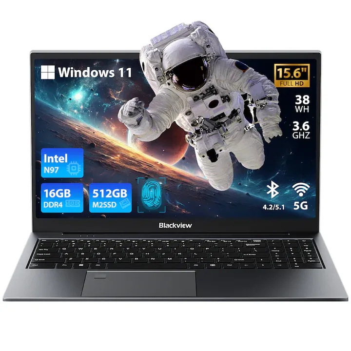Blackview Acebook 8 Laptop 16GB DDR4 512GB SSD, Intel N97 3.6GHz/ Intel UHD Graphics, Windows 11, 38Wh, 15.6" FHD+, HDMI 2.0, Bluetooth, USB 3.0, Senzor de amprenta, WLAN 5G /Gri