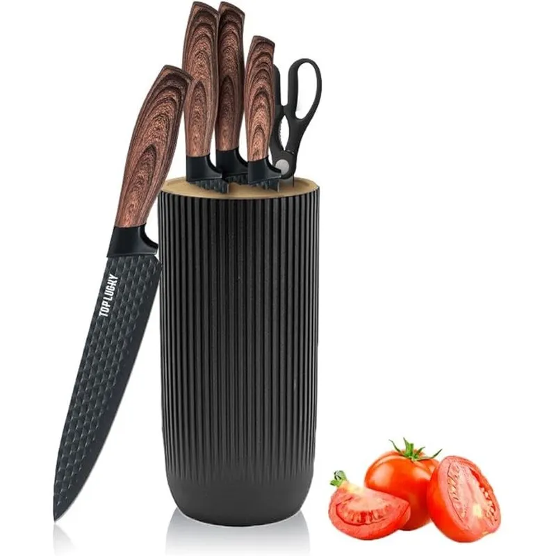 Set de cutite 6 piese, Kenoeestar Set de 6 cutite de bucatarie negre pentru casa, Set de cutite de bucatar ascutite din otel inoxidabil antiaderent si antirugina cu bloc universal de cutite pentru bucatarie, Design ergonomic, Negru