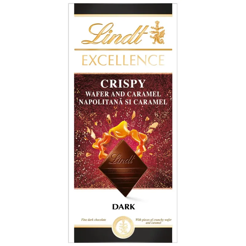 Ciocolata neagra cu bucati de napolitana crocanta si caramel Lindt Excellence, 100 g