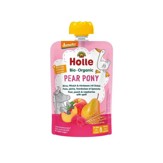 Piure de pere, piersici, zmeura cu grau spelta Holle Baby, de la 8 luni, 100 g
