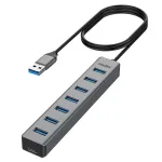 Adaptor Hub USB 3.0 cu 7 porturi, Atolla®, 5 Gbps, Speed Transfer, Cablu 1m, Dotat cu un port USB-C de 5 V/3 A, Aluminiu, Gri