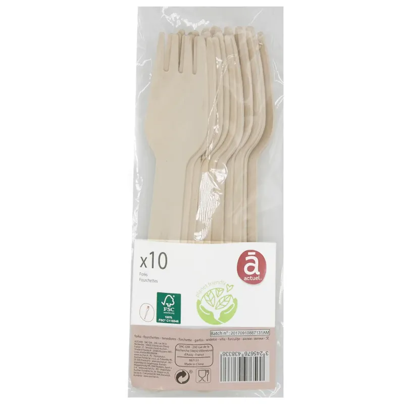 Set furculite de unica folosinta Actuel Ecofriendly, 10 bucati, lemn