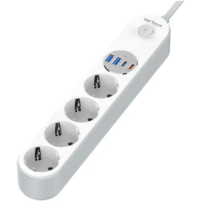 Prelungitor cu protectie Serioux SRXP-PS44W, 4 x schuko, 100-240V, 50-60Hz, 2500 W-10A, 4 porturi USB (auto max), USB-C1-20W, USB-C2/A1/A2-12W, Amperaj port USB (max): 3.4 A, functie auto ID, Antistatic, Buton on/off, 2 m lungime cablu