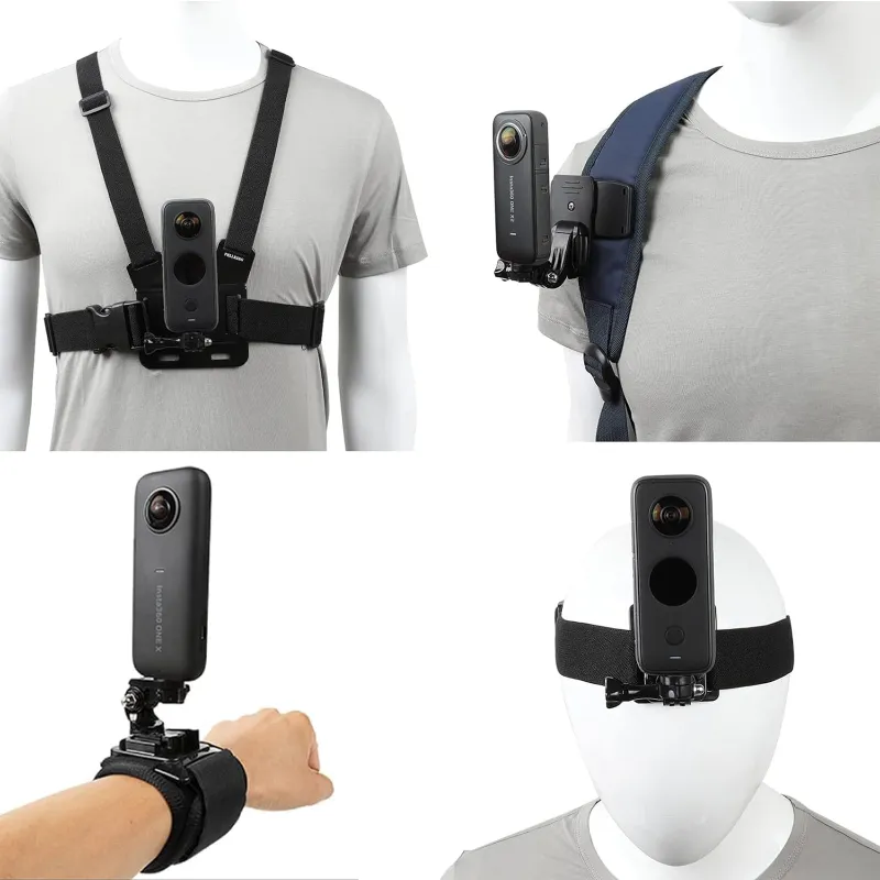 Set 4 accesorii GoPro, Axroad Mall, Cu curea cap/ham piept/suport clipuri/prindere pe mana 360 grade, Curele elastice, Usor comod de transportat, Materialele moi si respirabile, Pentru Skateboarding, role, schi, ABS, Negru