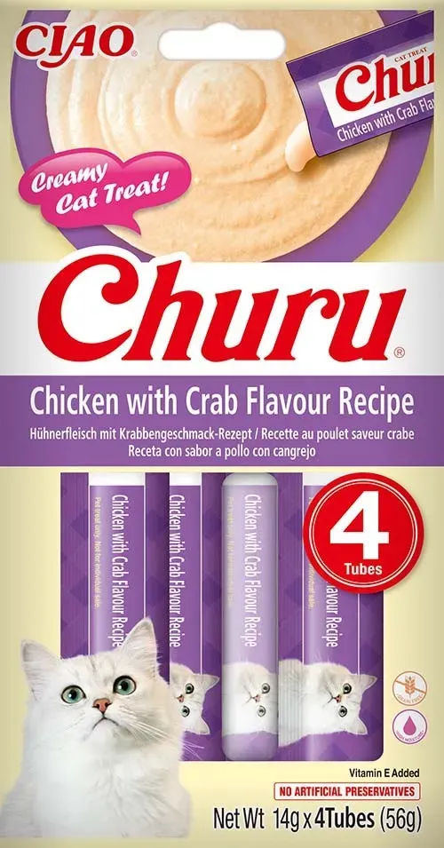 Recompense cremoase pentru pisici Inaba Churu, pui si crab, 4 x 14 g