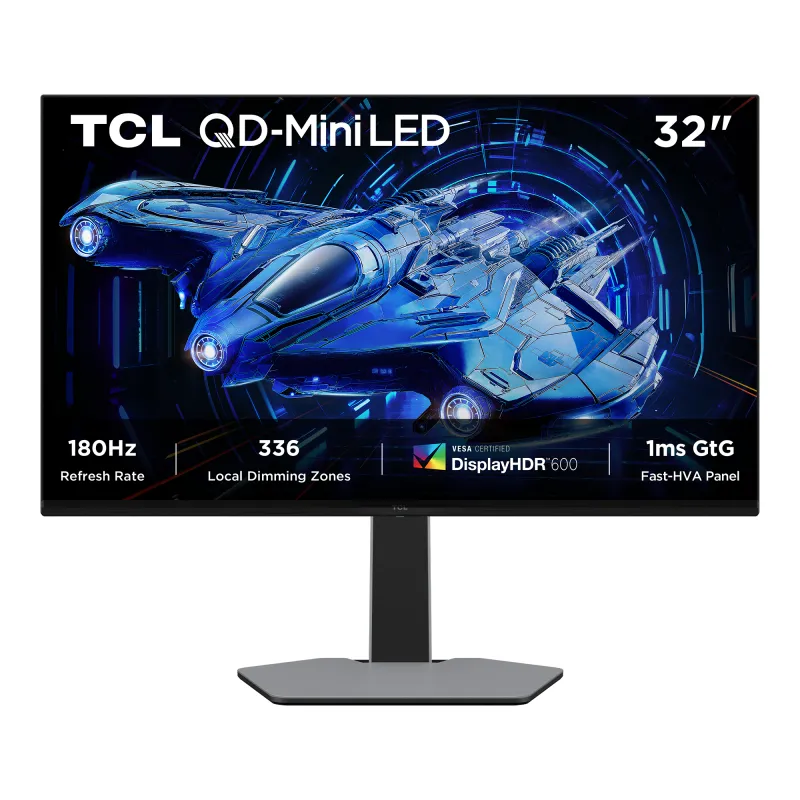Monitor Gaming QD-Mini LED TCL 32G64, 31.5", QHD (2560x1440), Fast-HVA, 180Hz, 1ms GTG, HDR600, Freesync & G-SYNC Compatible, Flicker-Free, Low Blue Light, difuzoare 3Wx2, 2 x HDMI 2.1, DP 1.4, VESA 100x100mm, Pivot, Negru