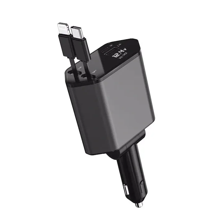 Incarcator auto 120W Super Fast Charge, Cablu Retractabil Type-C + Lightning, Mufa USB, USB-C, Afisaj LED, Universal