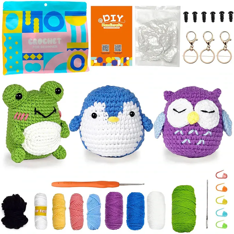 Kit de crosetat pentru incepatori, 3 modele de animale, Multicolor