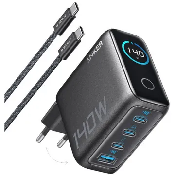 Incarcator de retea Anker Zolo 140W, Digital Display, 3x USB-C, 1x USB-A, PD 3.1, cablu USB-C inclus, Negru