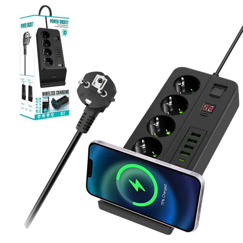 Prelungitor ATOMKIT cu 4 prize AC, 6 porturi USB, încărcare wireless, negru, 3000W, cablu 2m