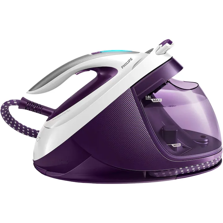 Statie de calcat Philips PerfectCare Elite Plus GC9660/30, 2700 W, Talpa T-ionicGlide, 155 g/min, Jet de abur vertical, Tehnologie OptimalTEMP, Alb/Mov