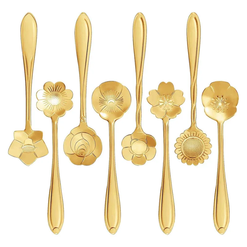 Set 8 lingurite pentru cafea, ceai, desert, Axroad Mall, Lingurite cu model floral, Usor de curatat, Design ergonomic, Finisaj lucios, Usor de depozitat, Design elegant, Otel inoxidabil, 12.5*3cm, Auriu
