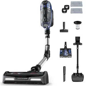 Aspirator vertical fara fir Rowenta X-Force Flex 14.60 Aqua RH99C3WO cu mop, 480W, 32.4V, autonomie 70 min, filtrare 99.9%, recipient praf 0.9 L, tub flexibil, perie cu LED, panou digital SmartControl, statie de incarcare cu suport accesorii, gri&albastru