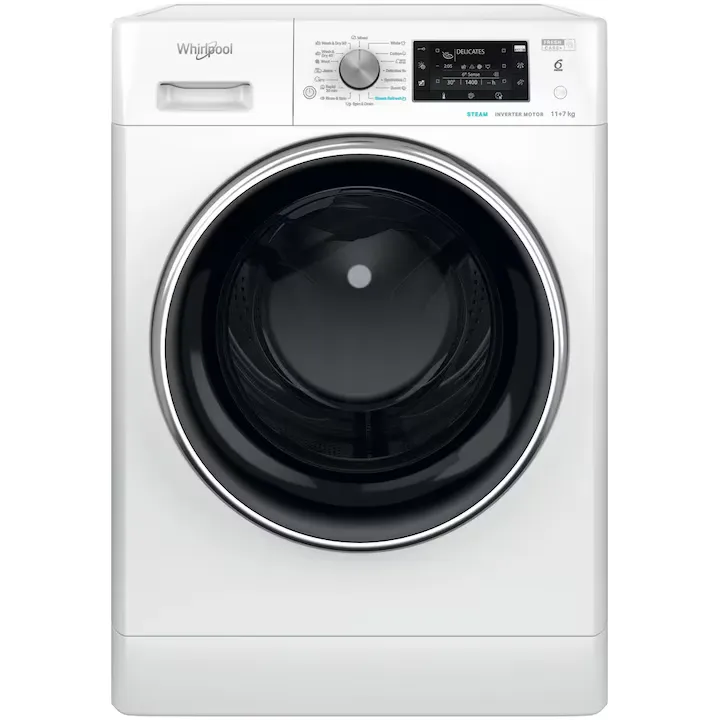 Masina de spalat rufe cu uscator Whirlpool FFWDD 1176258 BCV EE, 11 kg Spalare, 7 kg Uscare, 1600 RPM, Tehnologia al 6-lea Simt, Clasa E, Alb