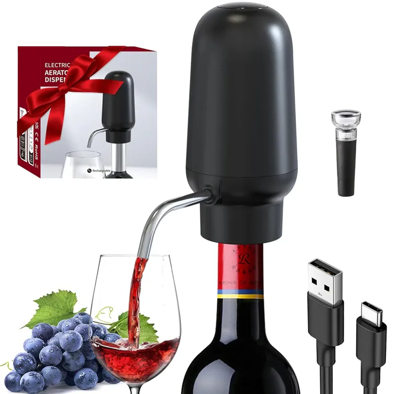 Aerator electric, Decantor de vin rosu, Pompa de vid pentru sticla de vin, pentru Vin, Whisky, Lichior, Reincarcabil USB,WANDAVICTA®, cu dop silicon pentru sticla de vin, Negru