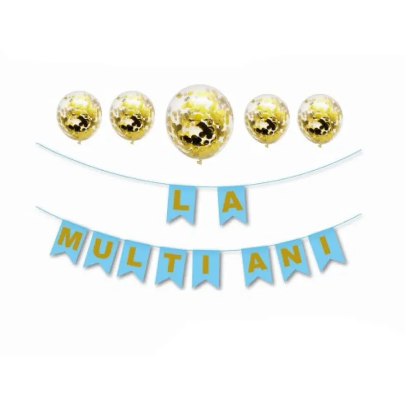 Set 5 baloane confetti auriu x banner LA MULTI ANI albastru