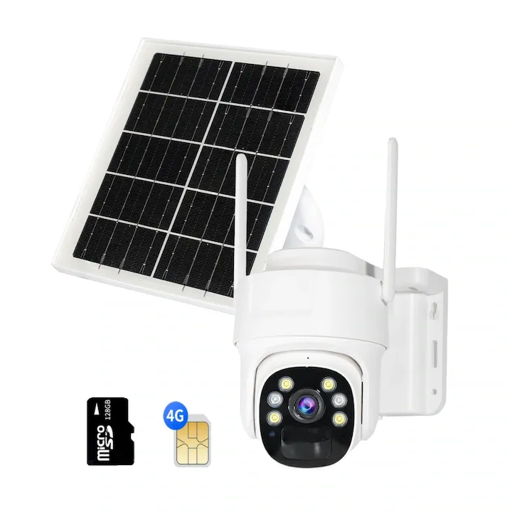 Camera de Supraveghere Exterior cu SIM 4G,7W Panou solar,4MP, Intelligent tracking, PTZ, Rotire automata, Alarma miscare, IP66, Culoare Alb, Card de memorie 128G