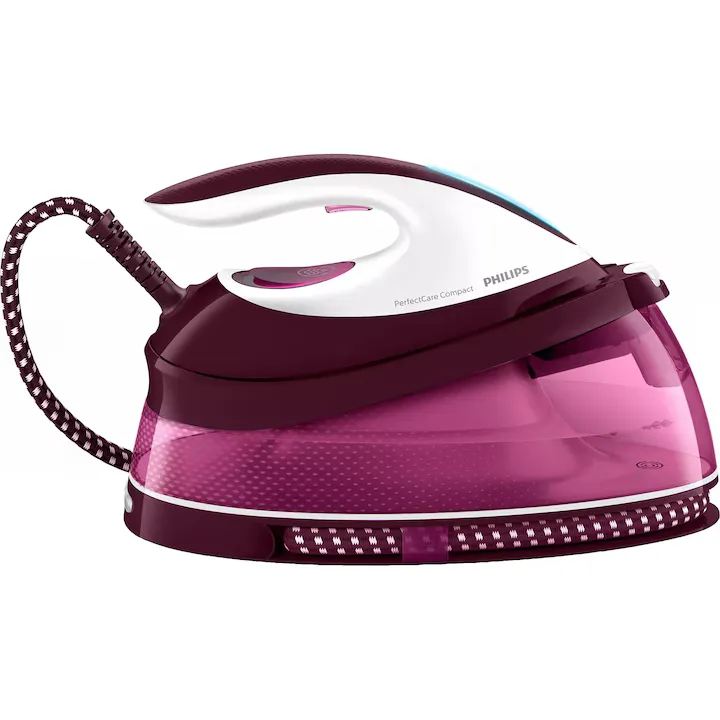 Statie de calcat cu abur Philips PerfectCare Compact GC7842/40, 2400W, 6.5 bari,jet de abur continuu 120 g/min, jet de abur 400g, talpa SteamGlide, OptimalTemp, rezervor fix 1.5L, sistem de detartrare Smart Calc Clean, oprire automata