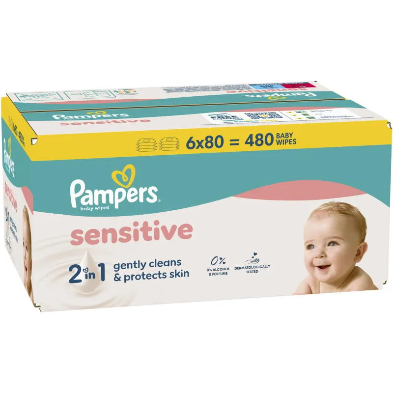 Servetele umede Pampers Sensitive, 6 pachete x 80 servetele, 480 buc