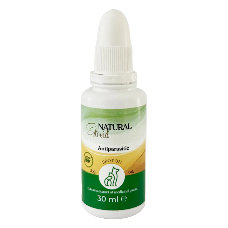 Picaturi Ectocid Natural Spot On cu extract din plante medicinale impotriva Capuselor, Puricilor, Paduchilor, Scabiei, cat si a Mustelor, Tantarilor, Furnicilor, Plosnitelor, Viespilor pentru Caini si Pisici, 30ml