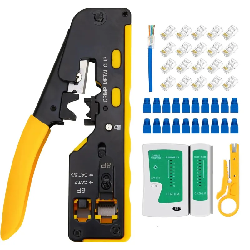 Cleste de sertizare RJ45, sktonefly®, cu tester cablu, 20 conectori Cat6, 20 capace, stripper galben, design mini, 8P/6P