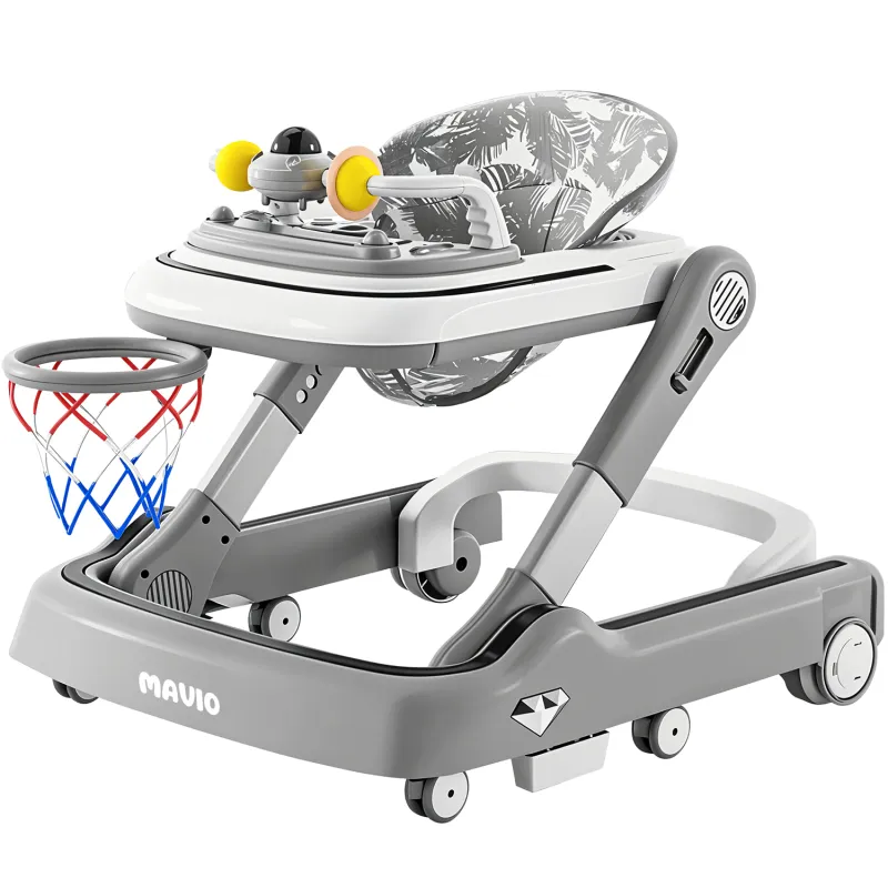 Premergator Copii 2 in 1 Mavio®, Model MyRide, Rotobil pentru Bebelusi, Mod Antemergator, Varsta Recomandata 3-36 Luni, Pliabil, Inaltime Ajustabila, Jucarii Interactive, Anti Cadere, Roti 360 Grade, Masuta Mancare Bebe, Tavita Sunete, Cos Baschet, Gri