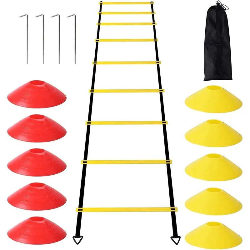 Kit antrenament agilitate, contine 1x scarita lungime 6m, 10x copete, 4 varfuri de podea, 1 punga de depozitare