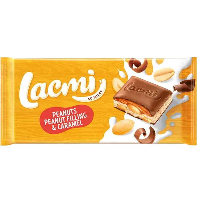 Ciocolata cu lapte, arahide, umplutura de arahide si caramel Roshen Lacmi, 87 g