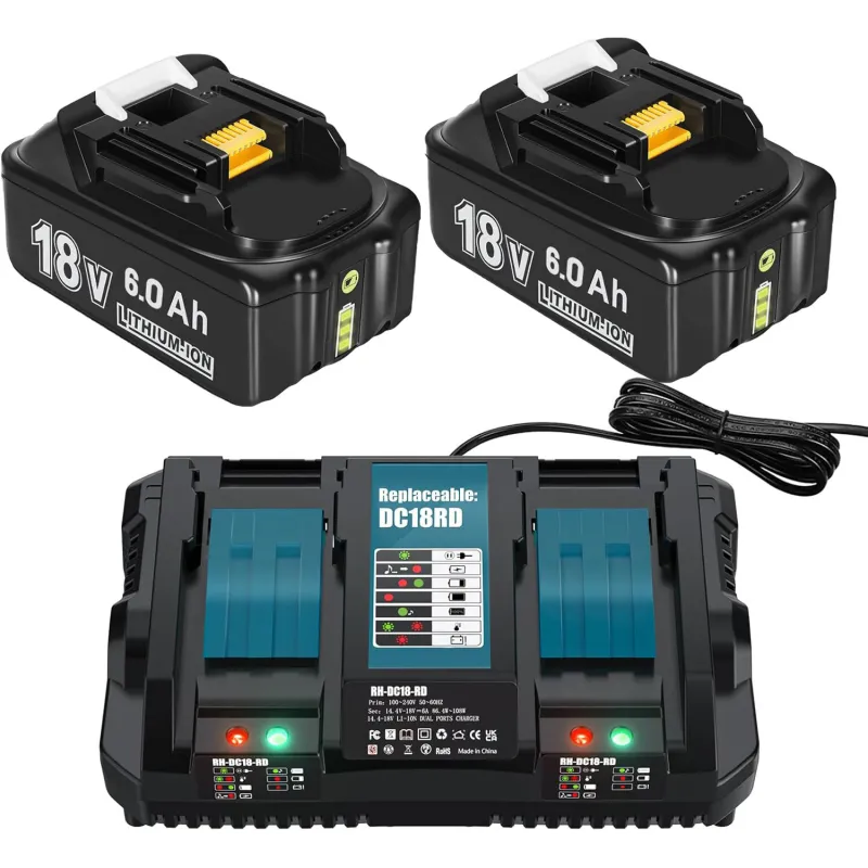 Set 2 acumulatori 18V 6000mAh + incarcator dual 6A, compatibili cu Makita