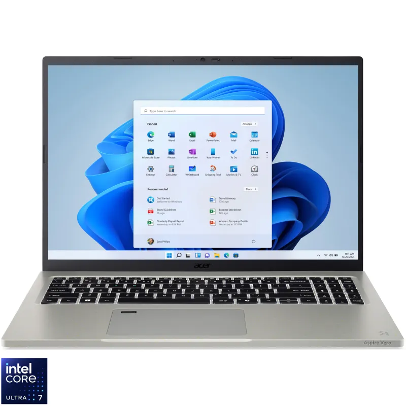 Acer Aspire Vero 16 cu procesor Intel® Core™ Ultra 7 255H pana la 5.1 GHz, 16", WUXGA IPS, 32GB LPDDR5X, 1TB SSD, Intel® Arc™ 140T GPU, Windows 11 Home, Cobblestone Gray