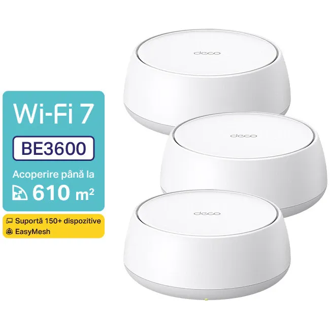 Sistem Wi-Fi Mesh TP-Link Deco BE25(3-pack), BE3600, Wi-Fi 7, Dual-Band, porturi : 2 x 2.5 Gbps, compatibil Alexa si Google Assistant, HomeShield - control parental